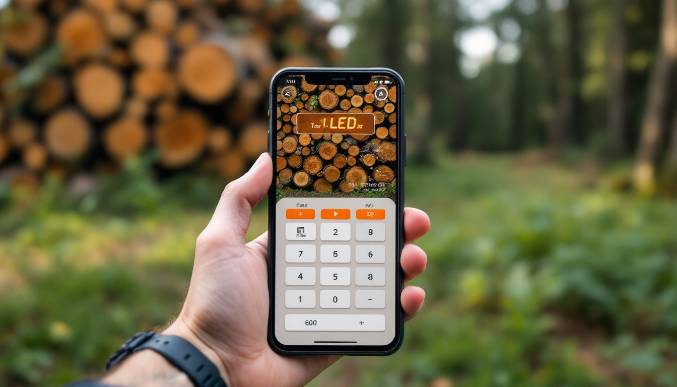 A photograph of a close-up shot of a log board foot calculator app displayed on a smartphone or tablet