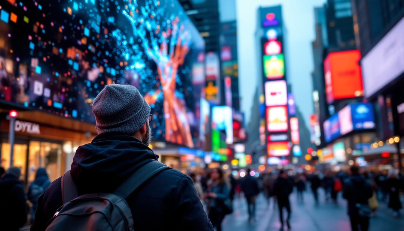 A photograph of a vibrant led display in a bustling urban environment
