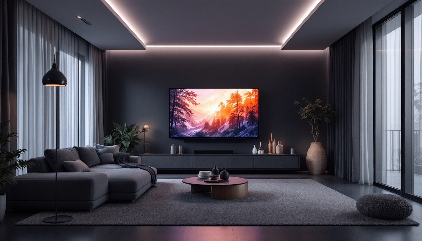 A photograph of a stylish long rectangular living room featuring a modern led tv as the focal point