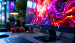 A photograph of a sleek lcd computer display showcasing vibrant led visuals