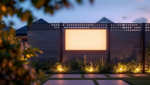 A photograph of a beautifully designed privacy lattice panel integrated with an led display