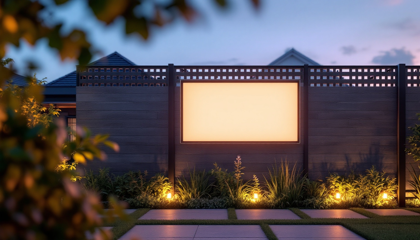 A photograph of a beautifully designed privacy lattice panel integrated with an led display