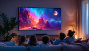 A photograph of a modern wall projector screen in a stylish living room setting