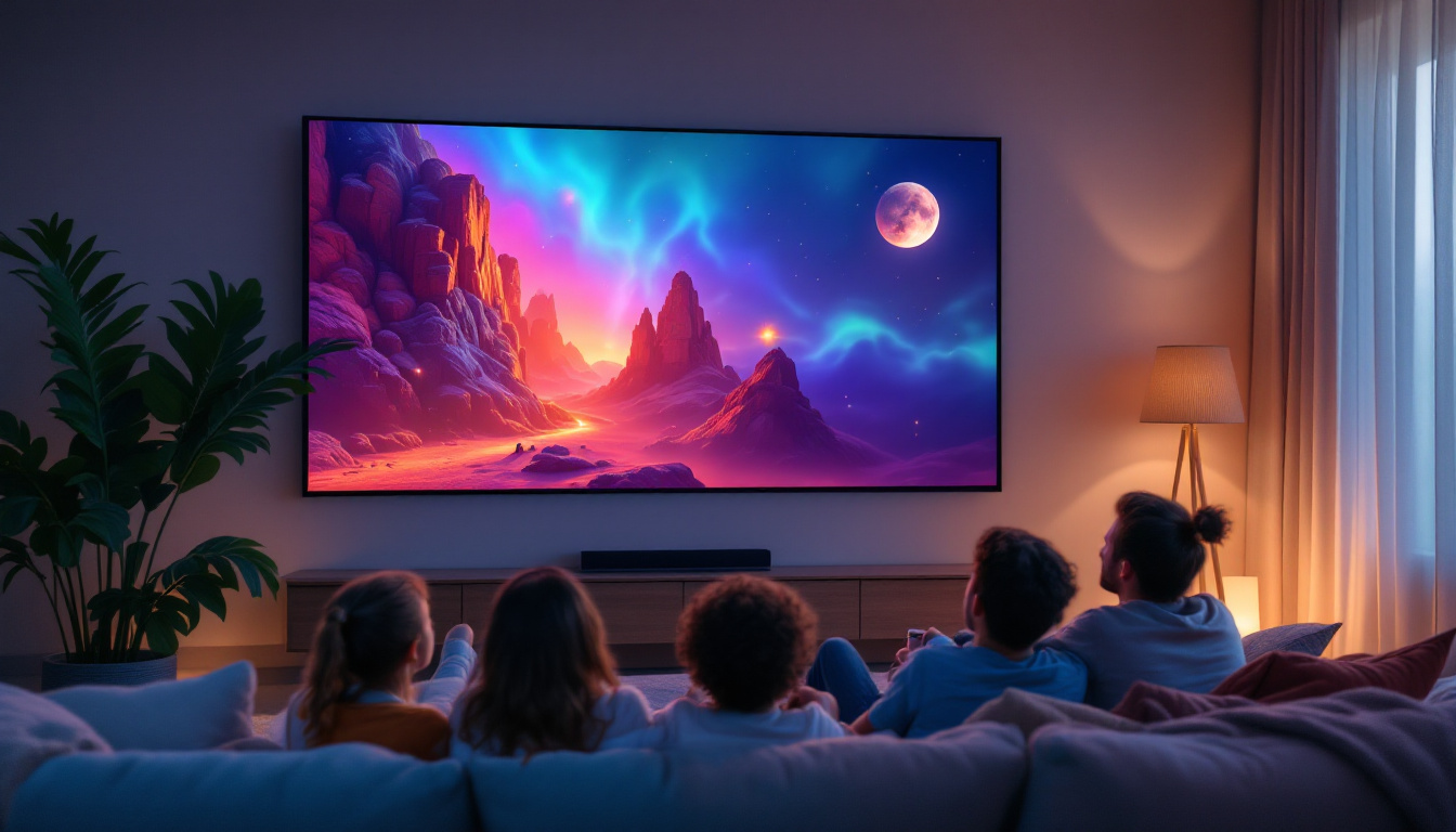 A photograph of a modern wall projector screen in a stylish living room setting