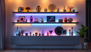 A photograph of a stylish wall display shelf featuring an array of decorative items and led lighting that highlights the shelf's design and enhances the ambiance of the room