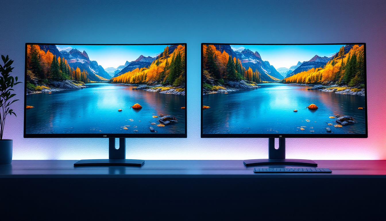 A photograph of a side-by-side comparison of a 4k monitor and a full hd monitor displaying vibrant