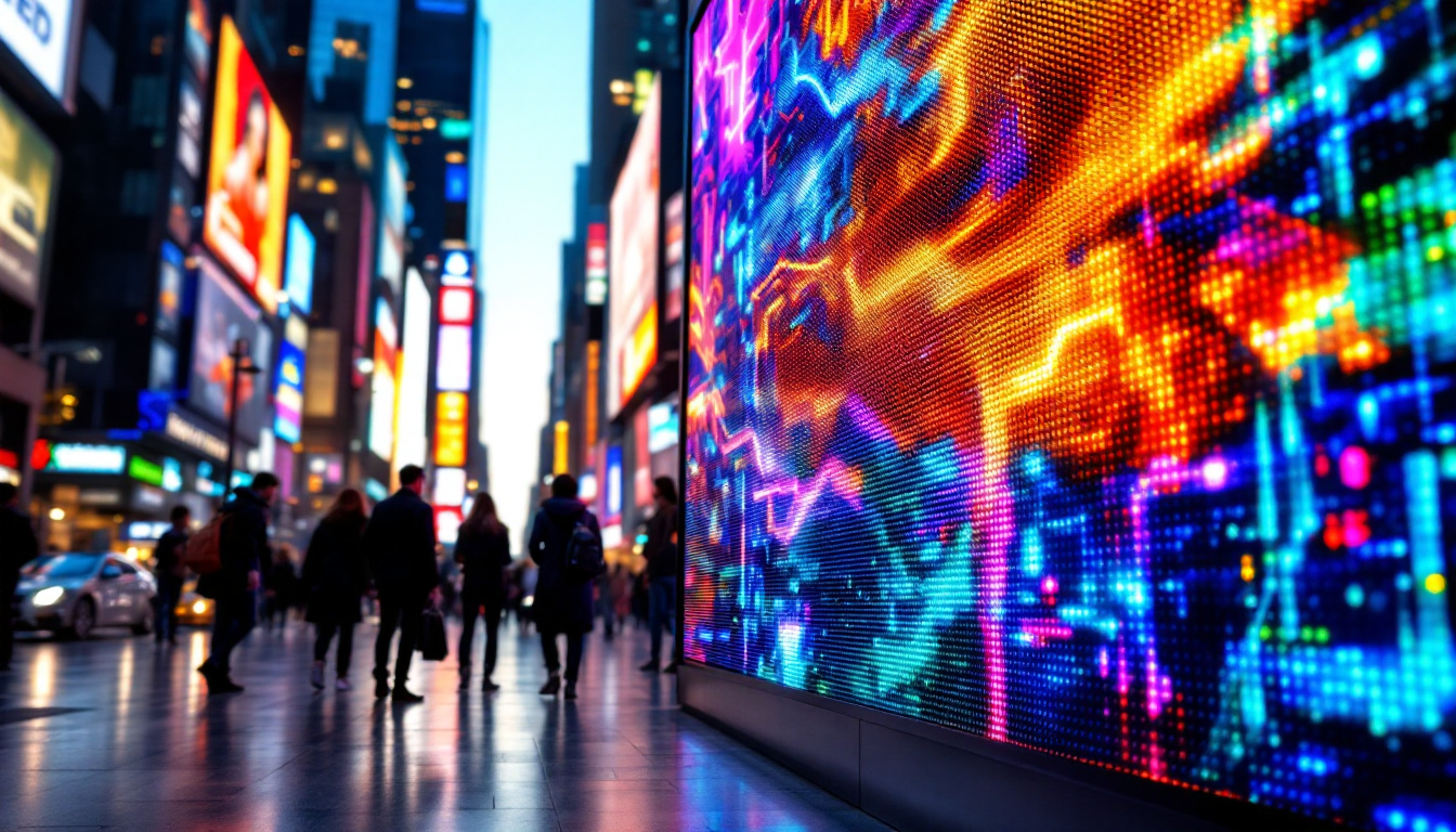 A photograph of a vibrant led display board in a dynamic urban setting