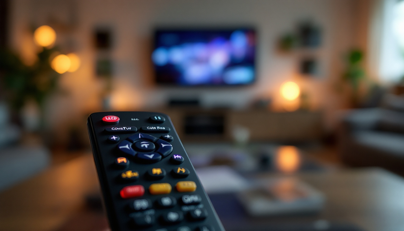 A photograph of a close-up shot of a directv remote control with the led display illuminated