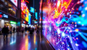 A photograph of a vibrant led display showcasing dynamic digital signage content in a bustling urban environment
