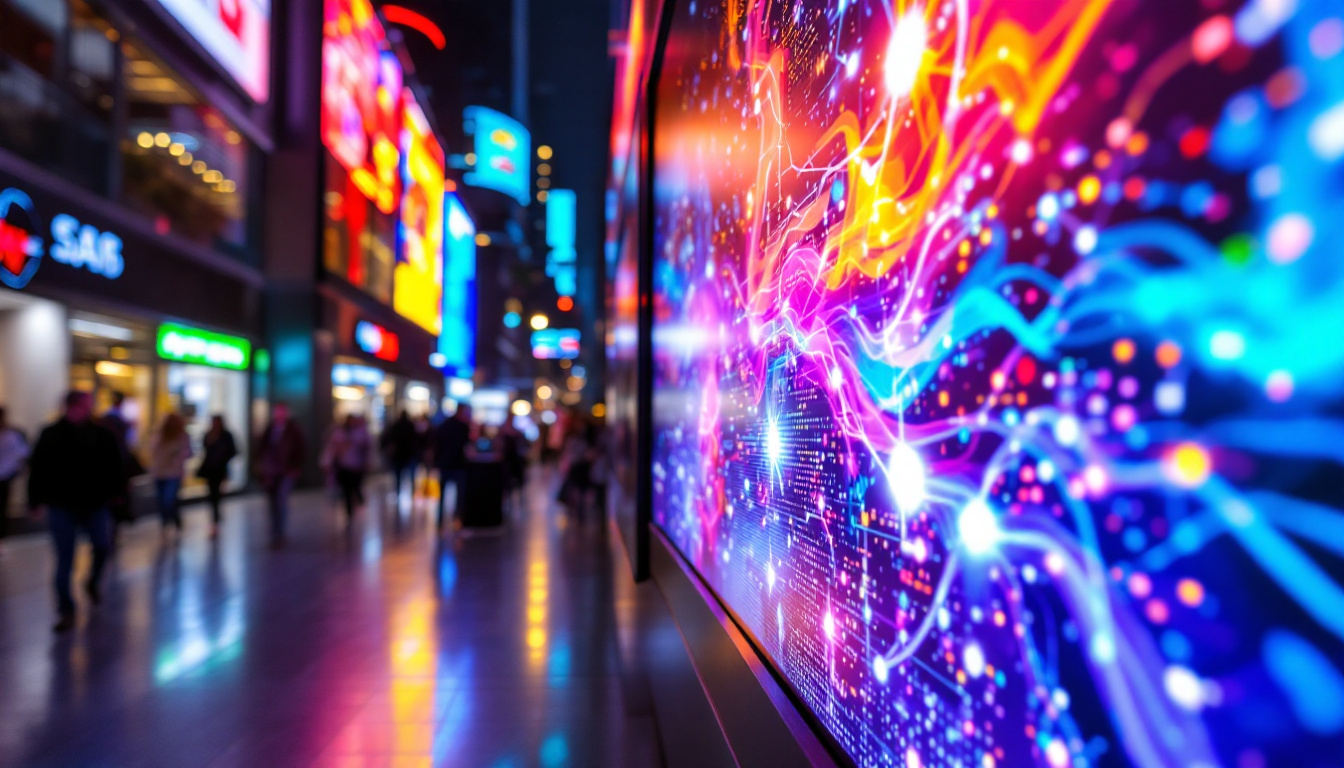 A photograph of a vibrant led display showcasing dynamic digital signage content in a bustling urban environment