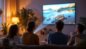 A photograph of a portable screen projector in action