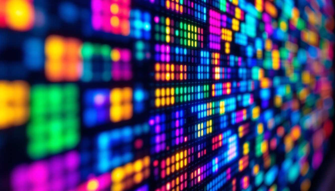 A photograph of a vibrant pixel art led display showcasing a variety of colorful tiles