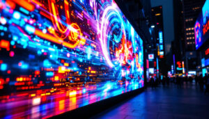 A photograph of a vibrant led display showcasing dynamic visuals or colorful graphics in an urban setting