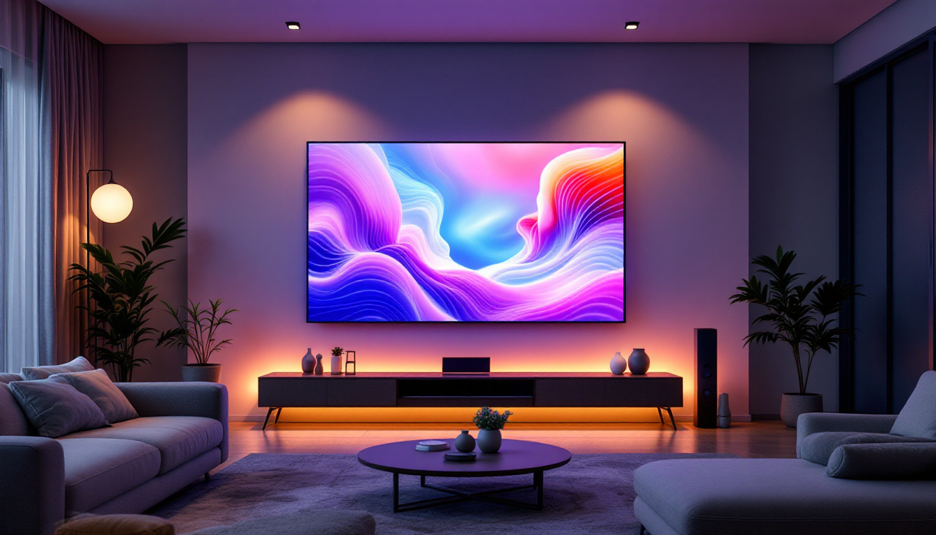 A photograph of a modern living room featuring a large led display mounted on the wall