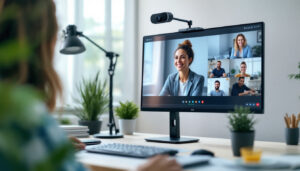 A photograph of a modern workspace featuring a high-quality led display monitor in use during a video conference