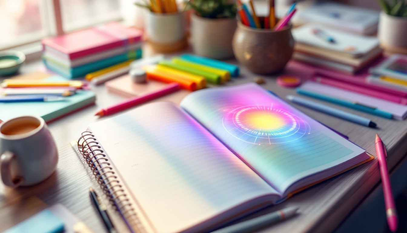 A photograph of a stylishly arranged planner open to a page showcasing a vibrant led display