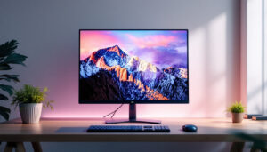 A photograph of capture a photograph of a sleek lcd monitor displaying vibrant