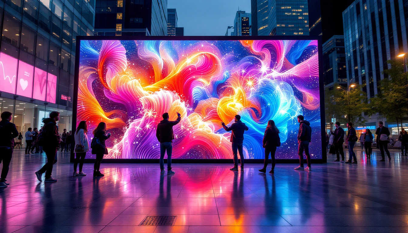 A photograph of a vibrant led display showcasing dynamic visuals in an urban setting