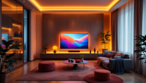 A photograph of a stylish living room featuring a diagonal layout with a prominent led display
