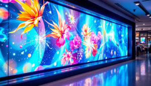 A photograph of a vibrant department store showcase wall featuring an led display