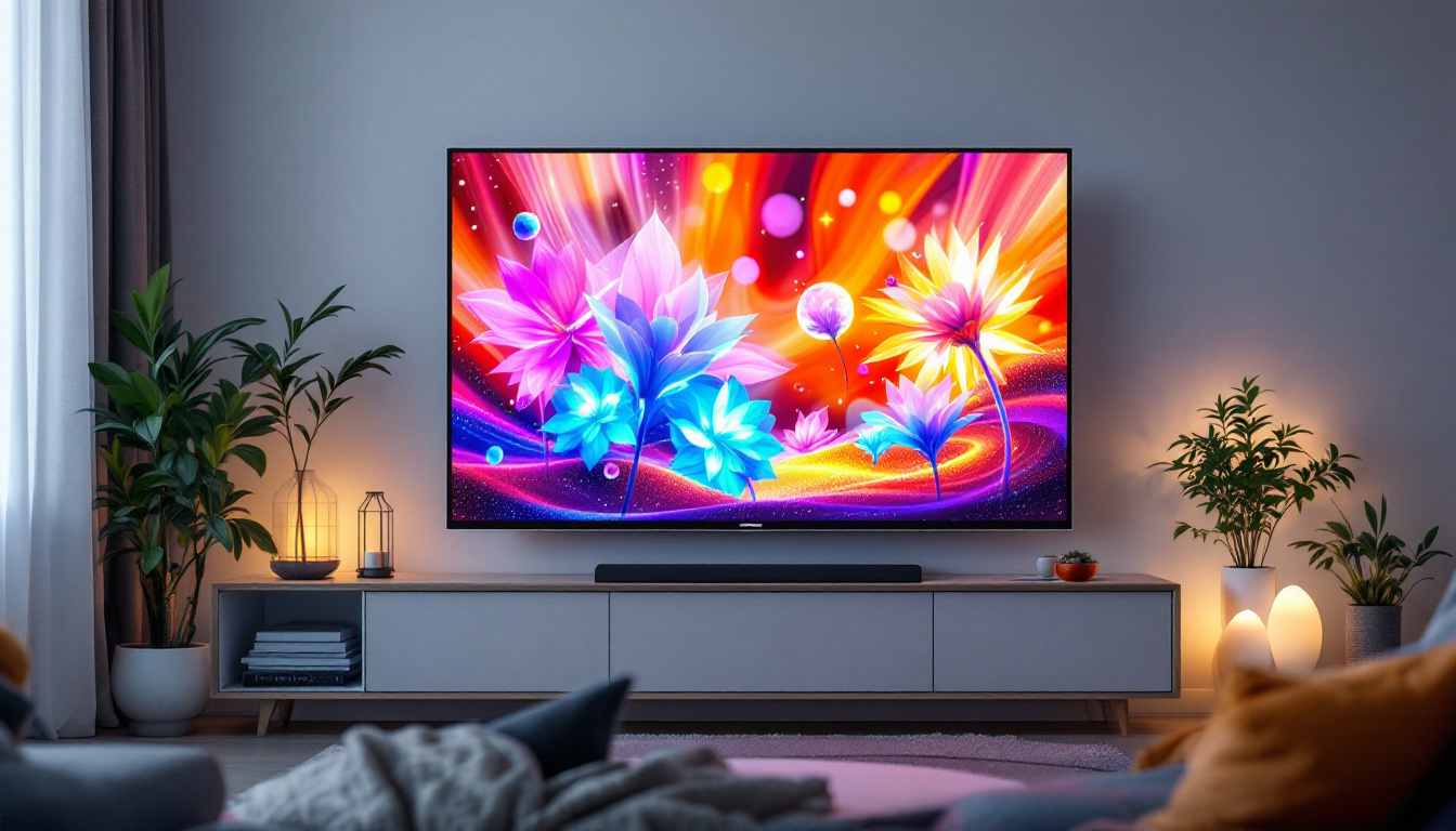 A photograph of a sleek touch screen tv displaying vibrant led visuals in a modern living room setting