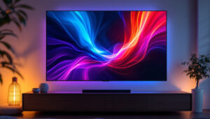 A photograph of a sleek plasma tv showcasing vibrant led display colors in a modern living room setting