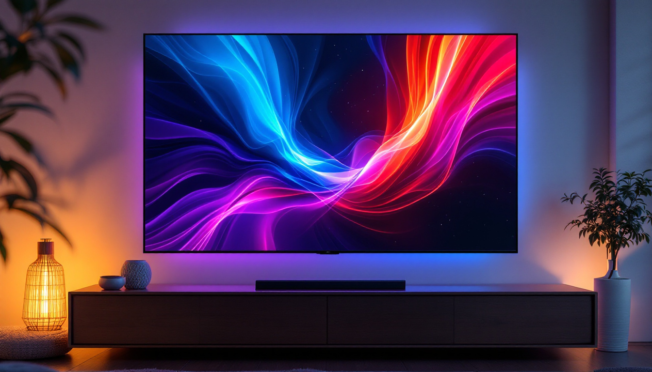A photograph of a sleek plasma tv showcasing vibrant led display colors in a modern living room setting