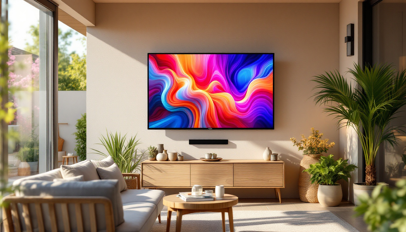 A photograph of a vibrant outdoor setting featuring a high-quality led tv mounted in a stylish patio or backyard