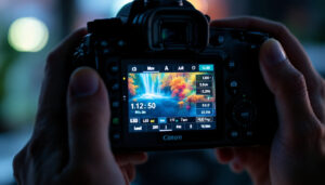 A photograph of a close-up shot of a camera's lcd screen displaying vibrant colors and detailed settings