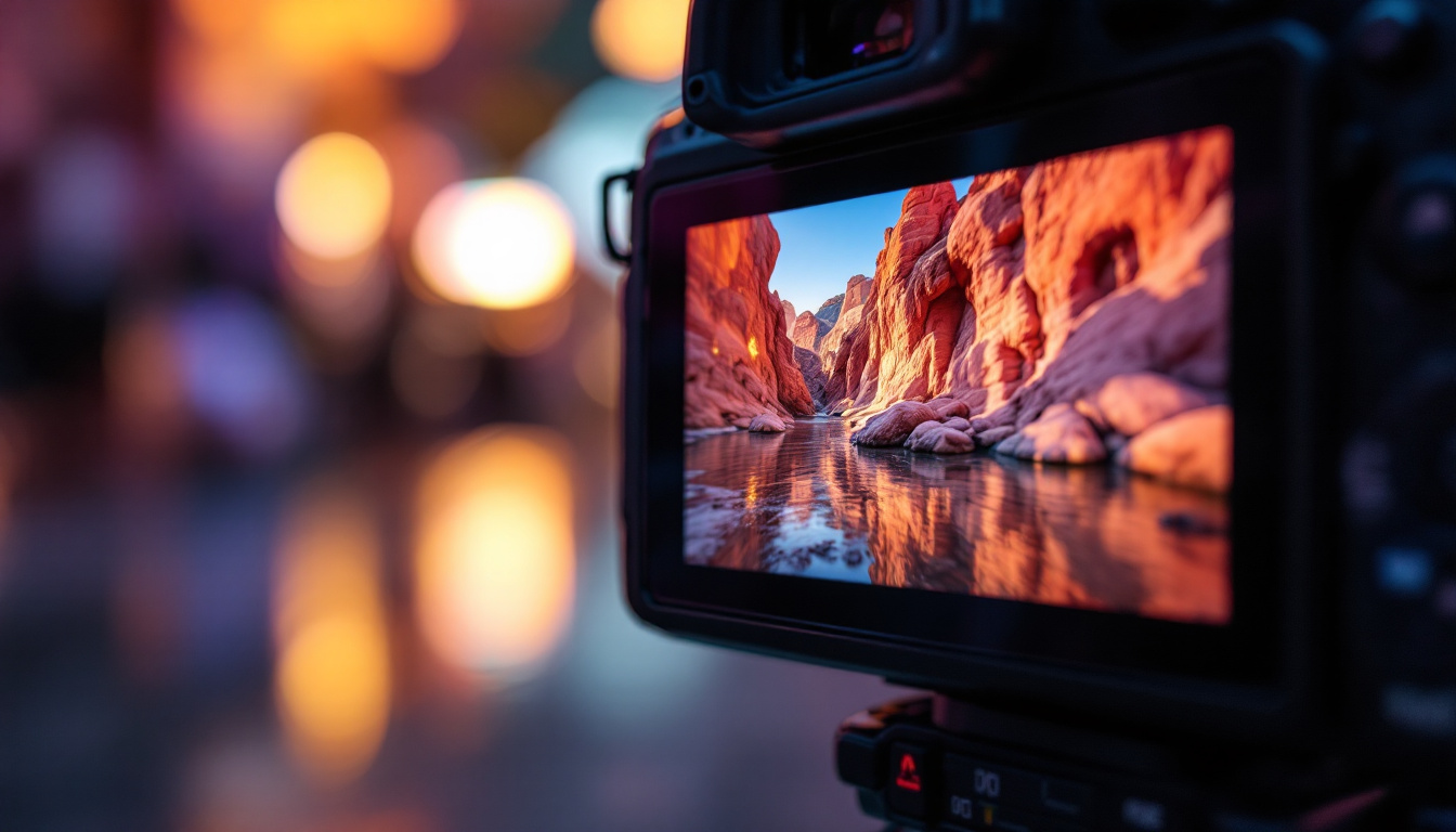 A photograph of a close-up shot of a camera's lcd screen displaying vibrant images