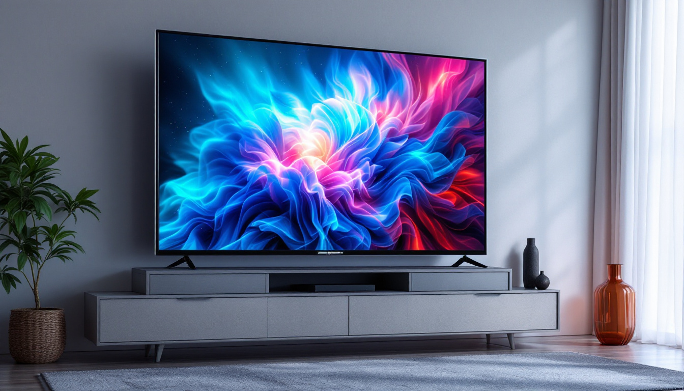 A photograph of a sleek 55-inch touch screen led tv displaying vibrant visuals in a modern living room setting