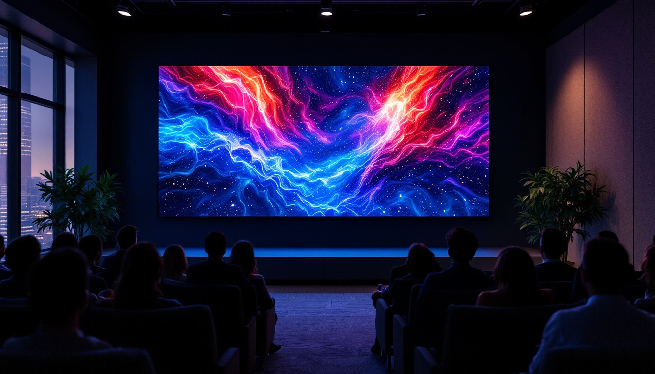 A photograph of a professional setting featuring a large led cinema screen displaying vibrant visuals