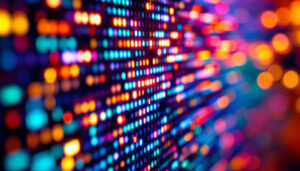 A photograph of a close-up of a high-resolution led display showcasing vibrant colors and intricate pixel arrangements