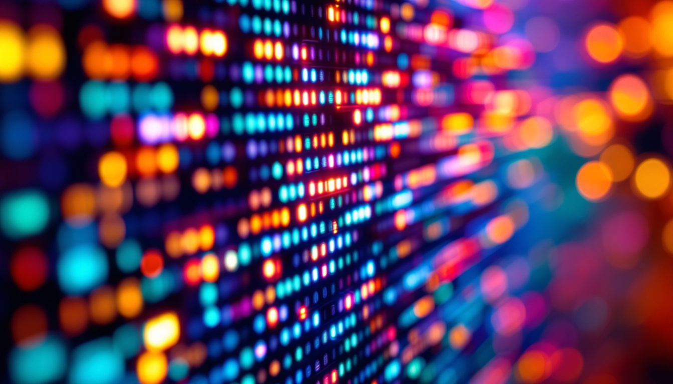 A photograph of a close-up of a high-resolution led display showcasing vibrant colors and intricate pixel arrangements