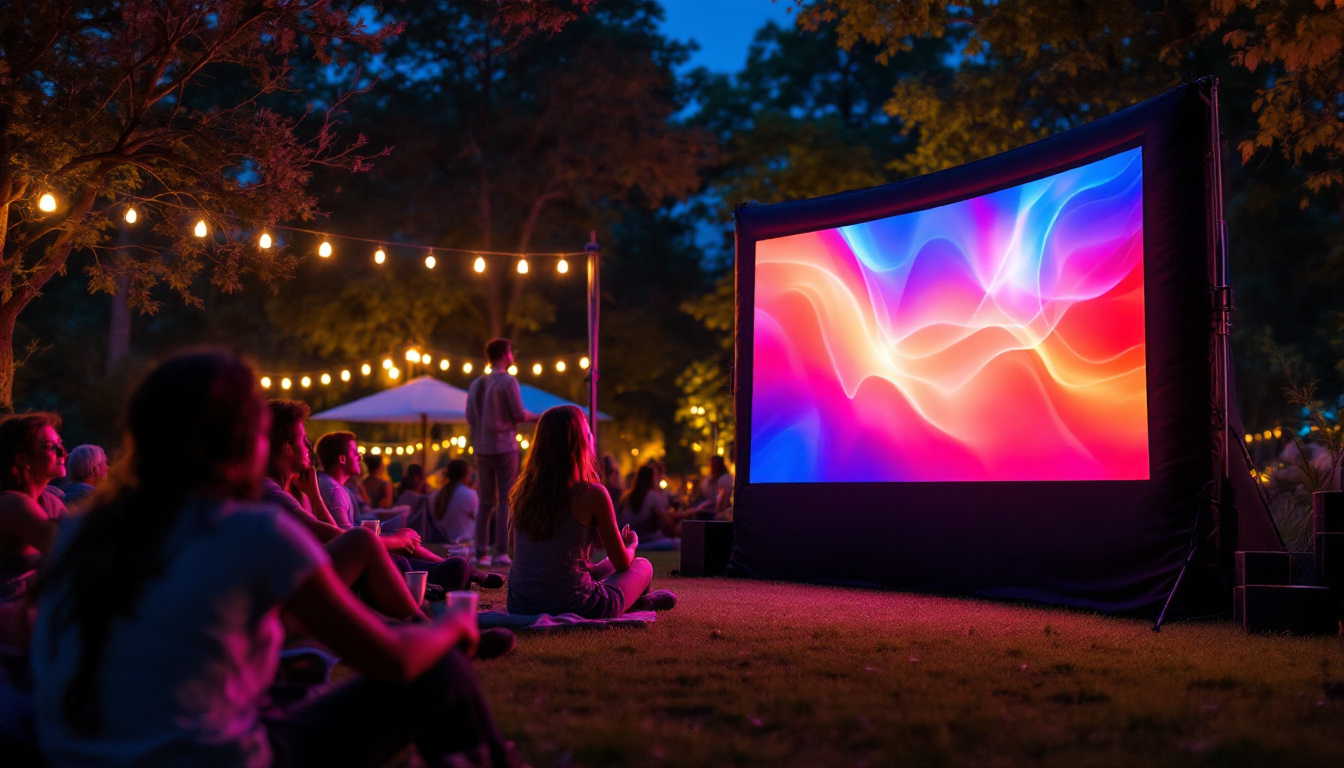 A photograph of a portable movie screen set up outdoors