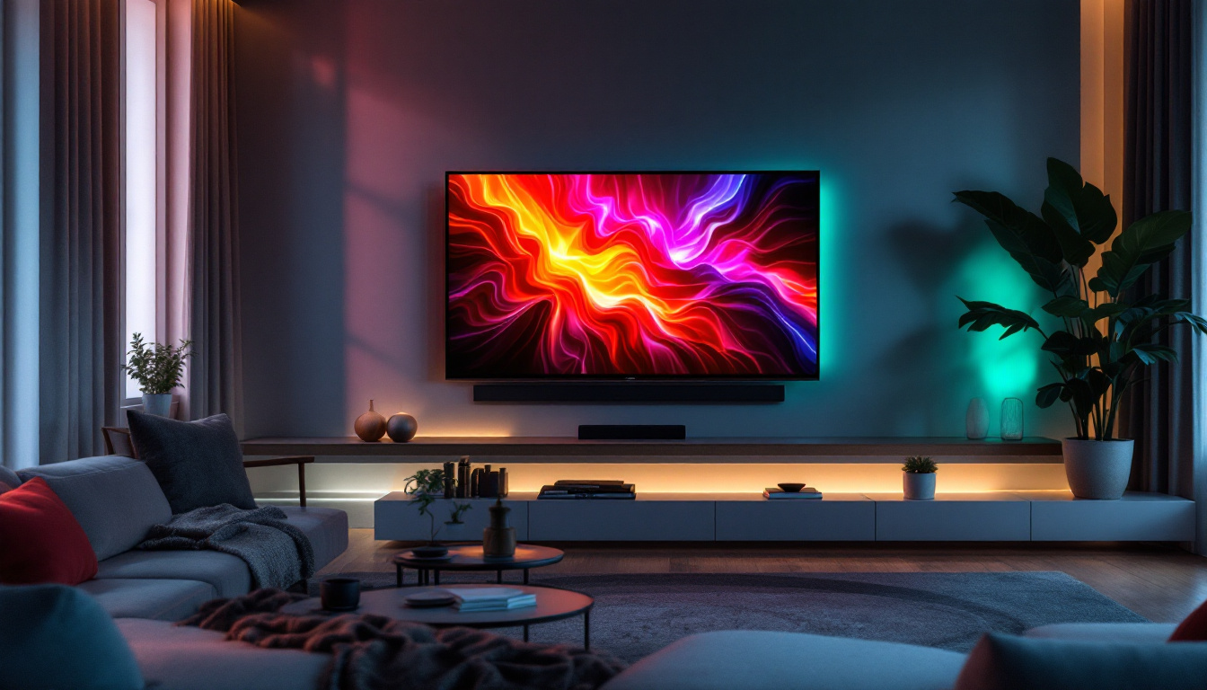 A photograph of a modern living room featuring a sleek led tv mounted on the wall