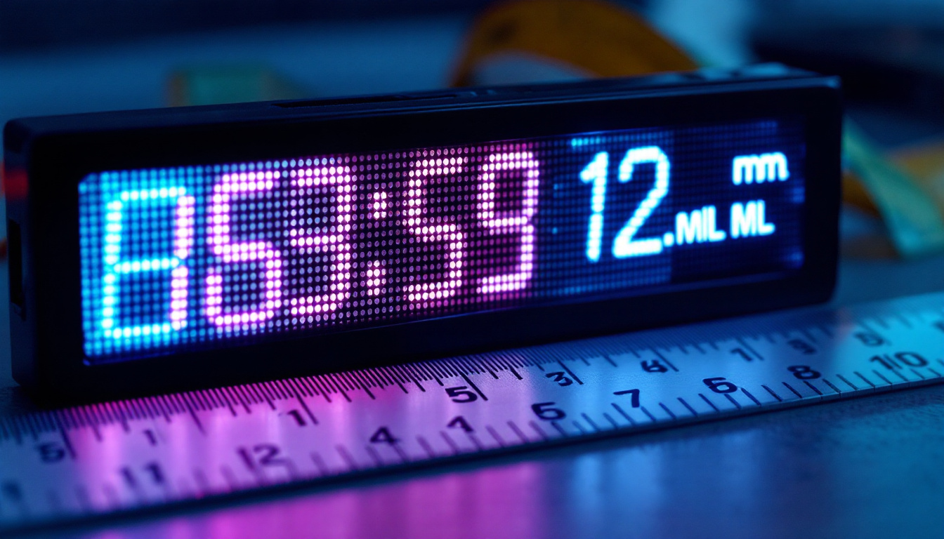A photograph of capture a photograph of a close-up led display screen showing measurements in both inches and millimeters