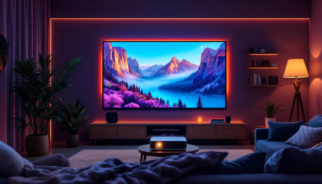 A photograph of a vibrant and engaging setup featuring a video projector displaying vivid images on a high-quality screen in a cozy home theater environment