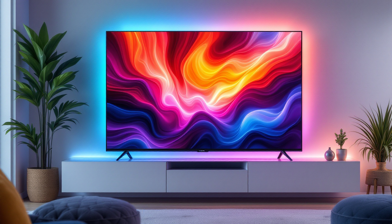 A photograph of a sleek led panel tv displaying vibrant colors and sharp images in a modern living room setting