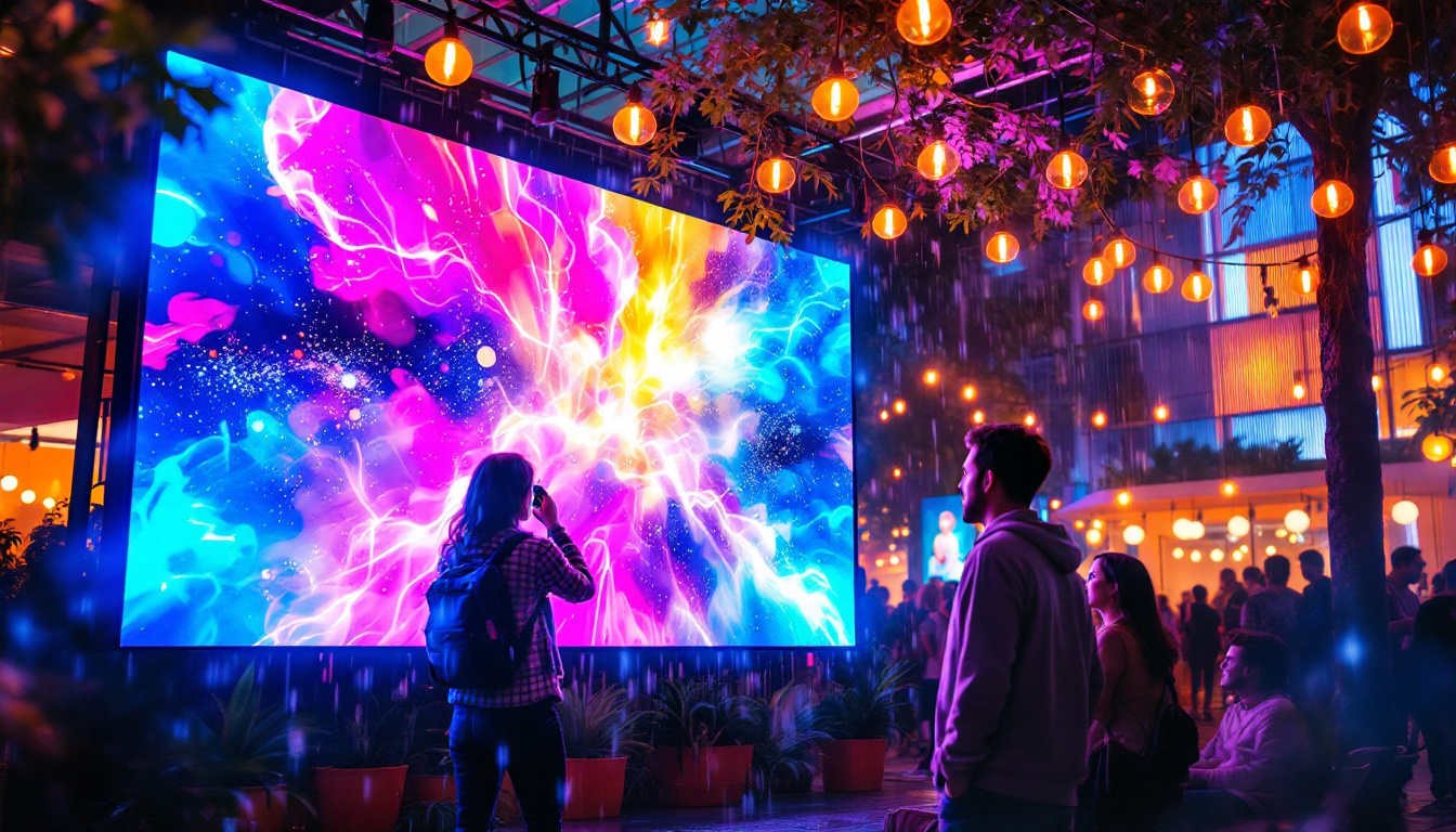 A photograph of a vibrant outdoor setting featuring a waterproof led video panel in action