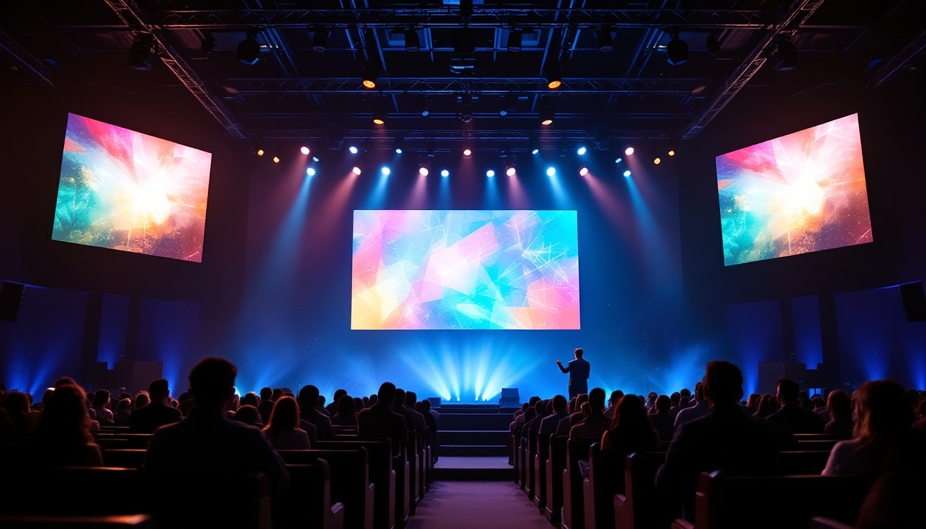 A photograph of a vibrant led screen in a church setting