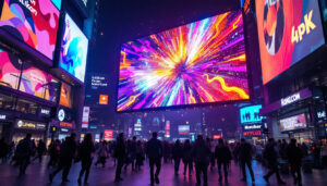 A photograph of a vibrant led display in a bustling urban setting