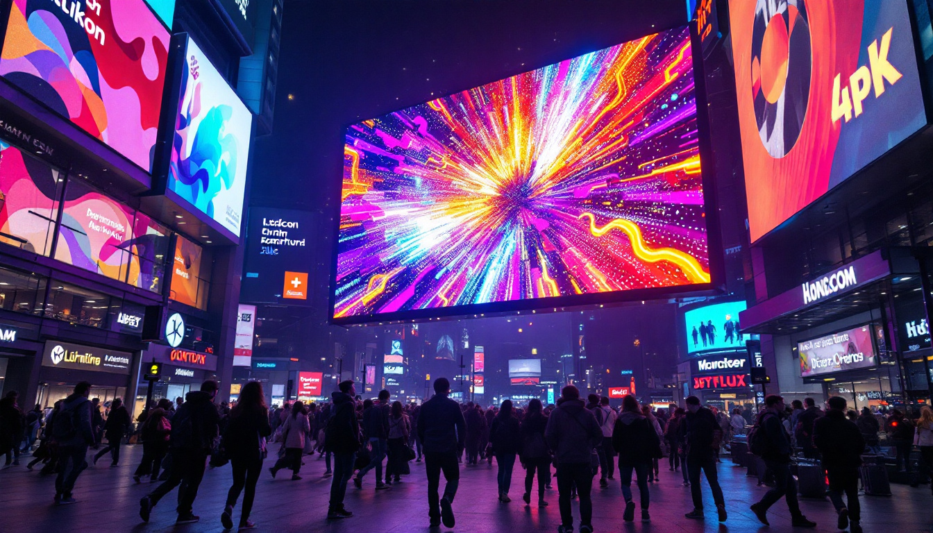 A photograph of a vibrant led display in a bustling urban setting