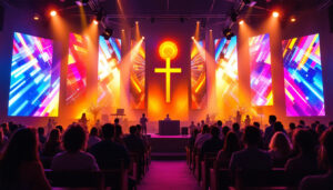 A photograph of a vibrant led wall installation in a church setting