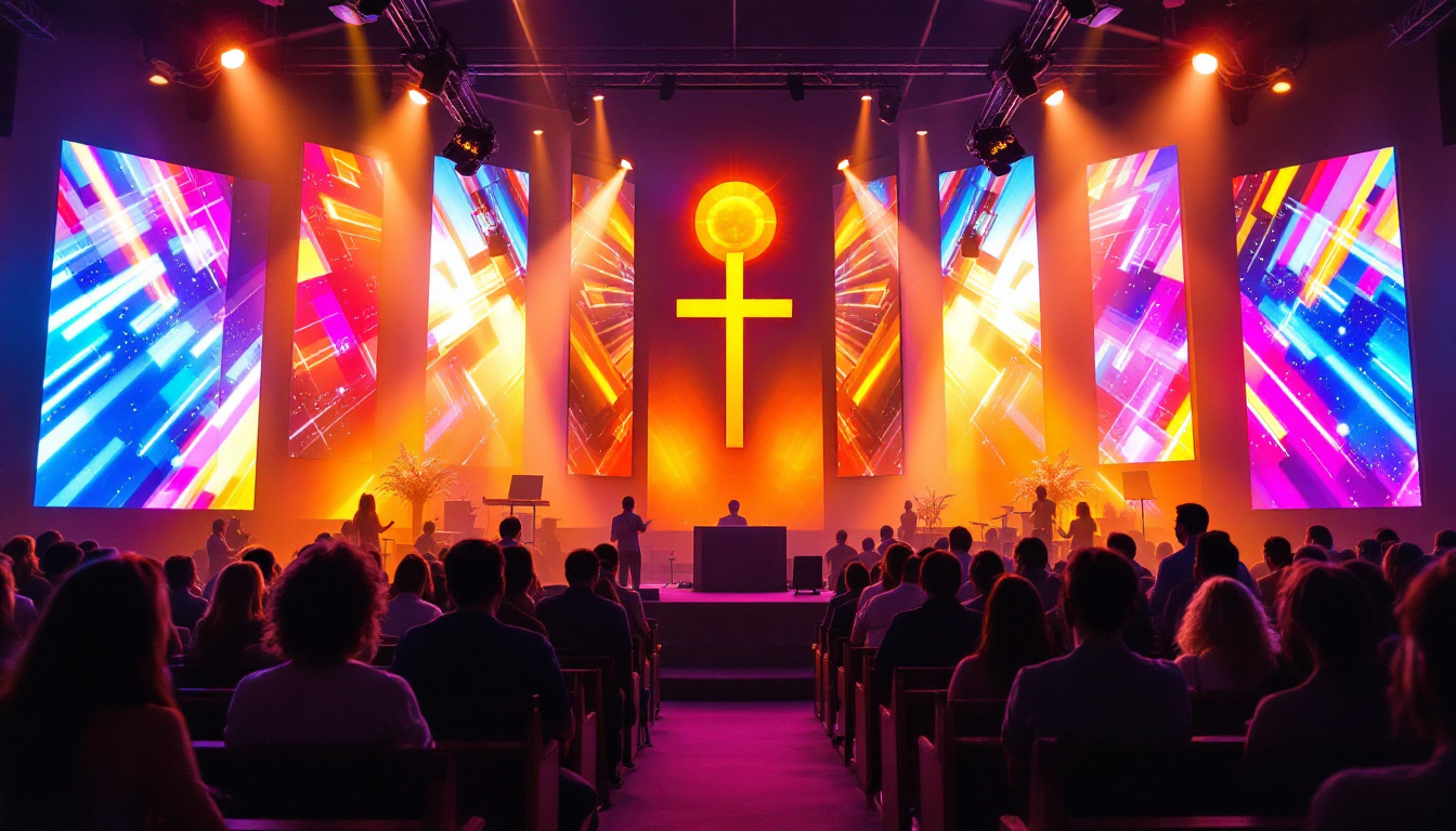 A photograph of a vibrant led wall installation in a church setting