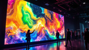 A photograph of a vibrant led wall display in a dynamic setting