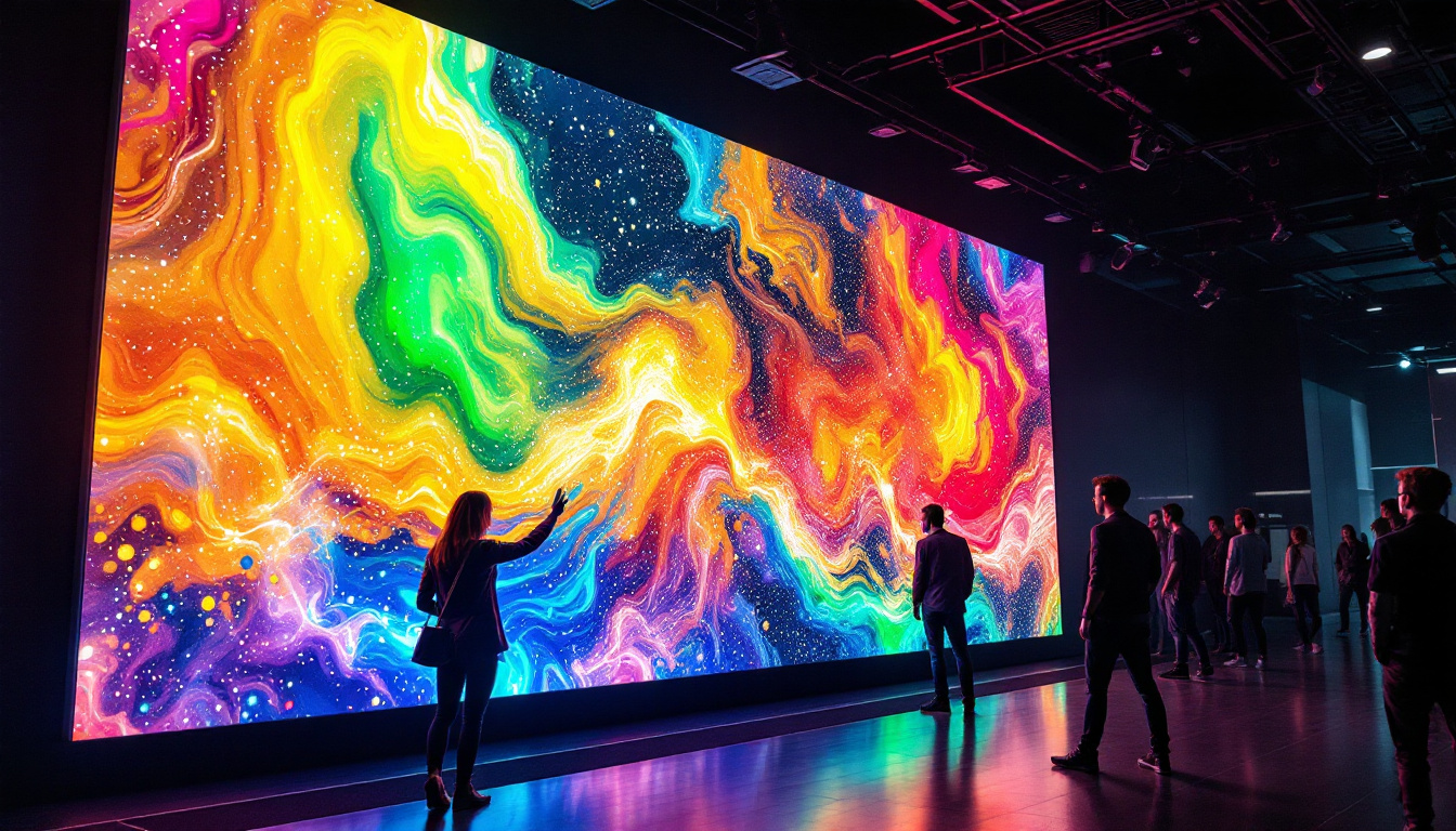 A photograph of a vibrant led wall display in a dynamic setting