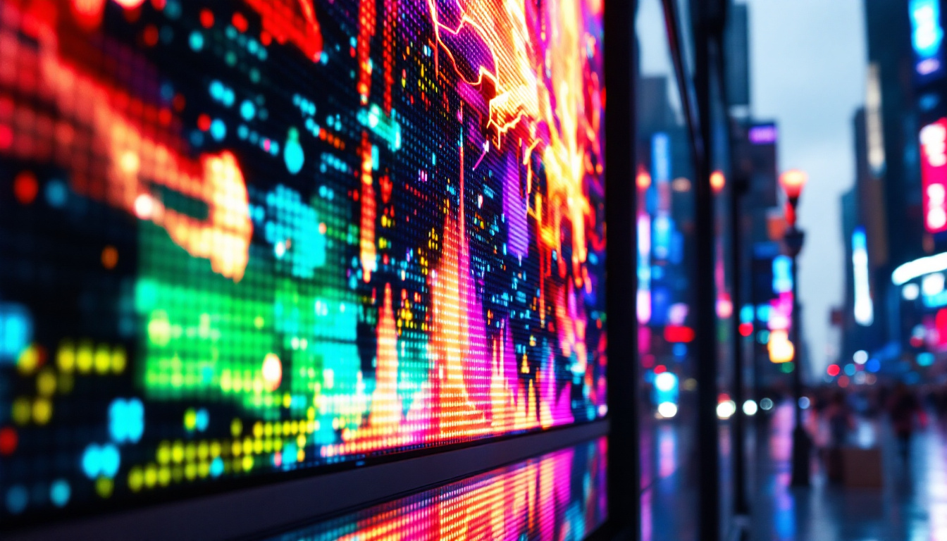 A photograph of a vibrant led display board in a bustling urban environment