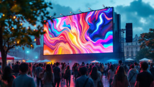 A photograph of a vibrant outdoor setting featuring a large led display panel showcasing dynamic visuals