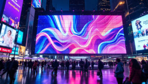 A photograph of a vibrant led display in a bustling urban setting